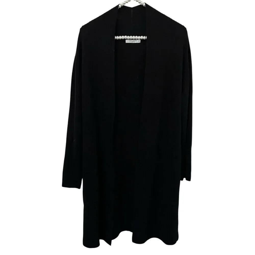 MM Lafleur womens M merino wool long line open front black cardigan sweater
